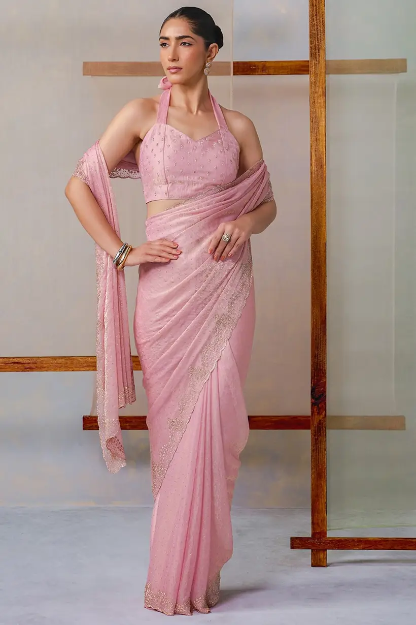 Blush Pink Fendi Chiffon Embellished Saree With Stone Work